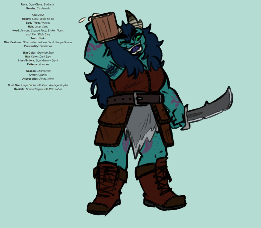 armor cheers drinking female freckles hi_res horn humanoid leather leather_armor melee_weapon monster_maker_for_monsterfuckers ogre randomly_generated ravenpen15 simple_background sword tattoo weapon