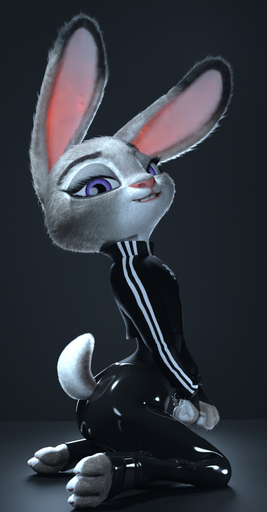 2023 3d_(artwork) anthro black_background black_clothing butt claws clothing cuff_(restraint) digital_media_(artwork) disney eyebrows eyelashes feet female fingers fur grey_body grey_fur handcuffs hi_res judy_hopps kneeling lagomorph latex leporid long_ears looking_at_viewer mammal melo metal_cuffs multicolored_body multicolored_ears multicolored_fur pink_nose purple_eyes rabbit raised_head restraints short_tail simple_background smile solo tail teeth tight_clothing toe_claws toeless_legwear toes topwear white_body white_fur wrist_cuffs zootopia