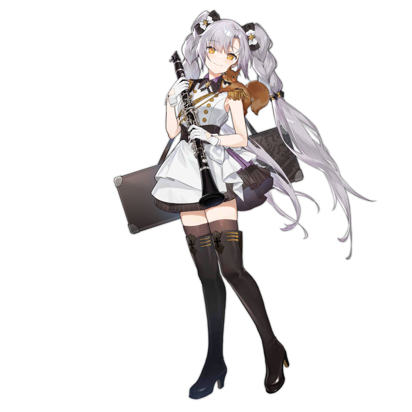 animal animal_on_shoulder aug_para_(girls'_frontline) aug_para_(serenade_no.10)_(girls'_frontline) black_bow black_footwear black_skirt black_thighhighs blush blush_stickers boots bow braid clarinet closed_mouth dress dress_bow epaulettes full_body girls'_frontline gloves grey_hair griffin_&amp;_kryuger hair_between_eyes hair_bow hair_ornament high_heel_boots high_heels highres holding holding_instrument instrument instrument_case looking_at_viewer marching_band official_art simple_background skirt sleeveless sleeveless_dress smile smile_(mm-l) squirrel standing star_(symbol) star_hair_ornament thigh_boots thighhighs transparent_background twin_braids weapon_case white_bow white_dress white_gloves yellow_eyes