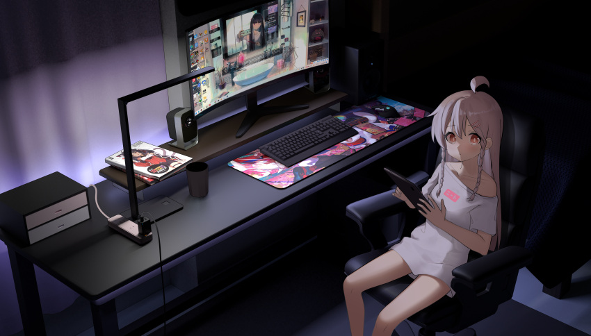 1girl 3d_background absurdres ahoge bare_arms bare_legs braid brown_eyes chair chinese_commentary commentary_request cup curtains dark_room desk_lamp feet_out_of_frame gaming_chair grey_hair hair_between_eyes highres holding holding_tablet_pc indoors keyboard_(computer) lamp long_hair looking_at_viewer monitor mouse_(computer) nagisa_(cxcx5235) no_pants off_shoulder onii-chan_wa_oshimai! oyama_mahiro shirt single_bare_shoulder sitting solo swivel_chair t-shirt tablet_pc twin_braids white_shirt