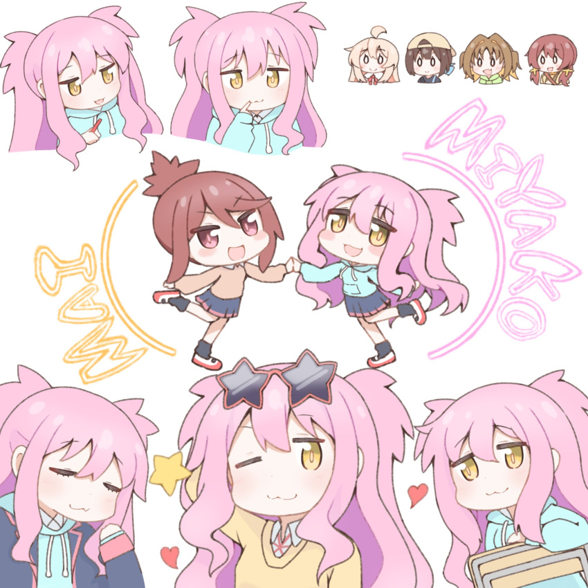 6+girls :3 :d ;3 blue_hoodie blush_stickers brown_hair character_name chibi closed_eyes commentary drawstring eyewear_on_head finger_to_mouth hair_between_eyes heart highres hood hoodie hozuki_momiji long_hair multiple_girls multiple_views murosaki_miyo nagase_miyako oka_asahi one_eye_closed onii-chan_wa_oshimai! oyama_mahiro pink_hair simple_background skirt smile star-shaped_eyewear sunglasses two_side_up white_background yasaka_mai yuuhikureroom6