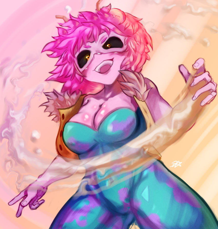 1girl absurdres ashido_mina bare_shoulders black_sclera blue_bodysuit bodysuit boku_no_hero_academia breasts cleavage collarbone colored_sclera colored_skin cropped_jacket eye_mask fur-trimmed_jacket fur_trim highres jacket large_breasts looking_at_viewer official_alternate_costume onimiere open_clothes open_jacket open_mouth orange_jacket pink_hair pink_skin shiny_skin short_hair slime_(substance) solo
