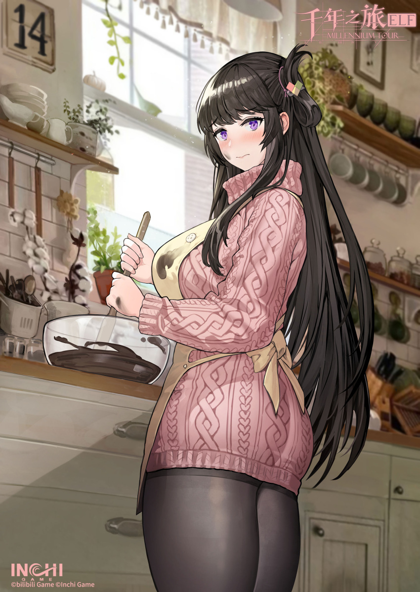 1girl absurdres apron aran_sweater ass black_hair black_pantyhose blurry blurry_background blush breasts cable_knit chocolate chocolate_making chocolate_on_body chocolate_on_clothes chocolate_on_face chocolate_on_hand copyright copyright_name cowboy_shot dress food food_on_body food_on_clothes food_on_face food_on_hand from_side frown glass_bowl highres indoors kitchen kurokami_tsukuyo large_breasts logo long_hair long_sleeves looking_at_viewer millennium_tour mixing mixing_bowl official_art pantyhose pink_sweater purple_eyes sidelocks single_hair_ring solo sweater sweater_dress turning_head very_long_hair wavy_mouth window yellow_apron