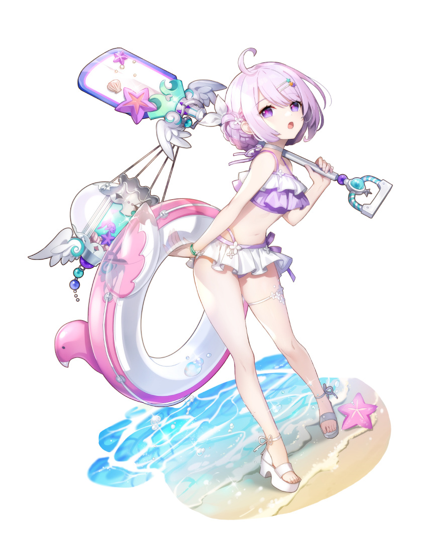 1girl :o ahoge artist_request bare_arms bare_legs beach bikini bikini_skirt braid braided_bun breasts choker eversoul fishbowl flower frilled_bikini frills full_body game_cg hair_bun hair_ornament hair_ribbon hairclip highres holding holding_innertube holding_shovel innertube looking_up ocean official_alternate_costume official_alternate_hairstyle official_art open_mouth parted_bangs petra_(eversoul) purple_bikini purple_eyes purple_hair ribbon sand sandals short_hair shovel small_breasts solo star_(symbol) starfish swimsuit tachi-e thigh_strap white_background white_choker white_flower white_footwear