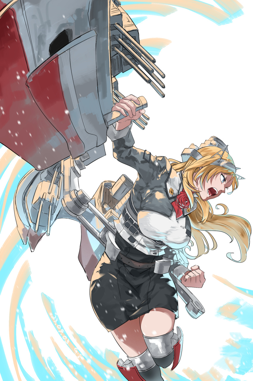 1girl ascot black_skirt blonde_hair blue_eyes breasts clenched_hand commentary_request fisheye flower gegeron grey_shirt grey_thighhighs headgear highres kantai_collection large_breasts long_hair long_sleeves machinery military_uniform neck_flower nelson_(kancolle) pencil_skirt red_ascot red_flower red_rose rose shirt skirt solo thighhighs two-tone_shirt uniform