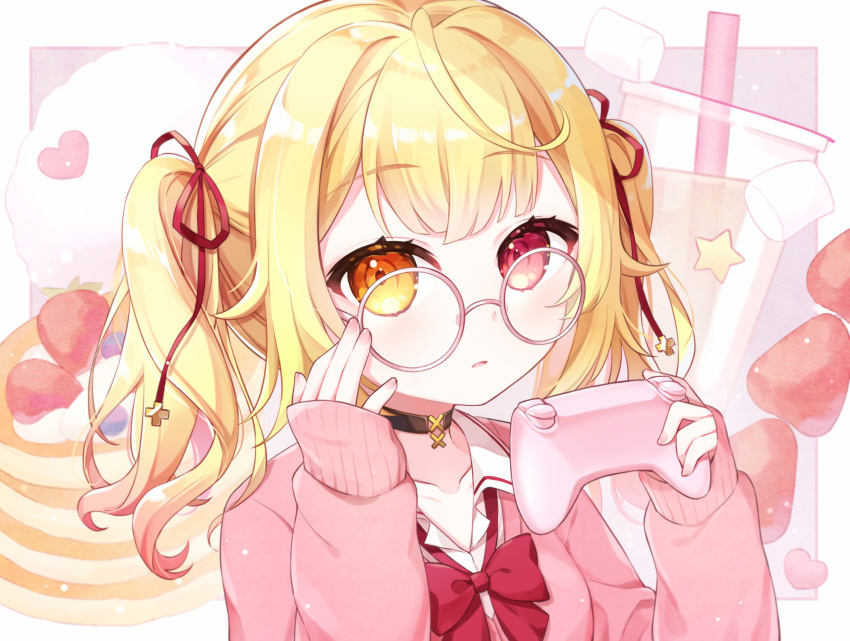 1girl adjusting_eyewear bespectacled black_choker blonde_hair bow bowtie cardigan choker commentary_request controller fingernails food food-themed_background game_controller glasses gradient_hair heterochromia highres holding holding_controller holding_game_controller hoshikawa_sara hoshikawa_sara_(4th_costume) looking_at_viewer loose_bowtie multicolored_hair nemuri_(nemu729o) nijisanji nintendo_switch_pro_controller official_alternate_costume orange_eyes pancake pancake_stack pink_cardigan pink_hair pink_nails red_bow red_bowtie red_eyes round_eyewear school_uniform shirt solo virtual_youtuber white_shirt