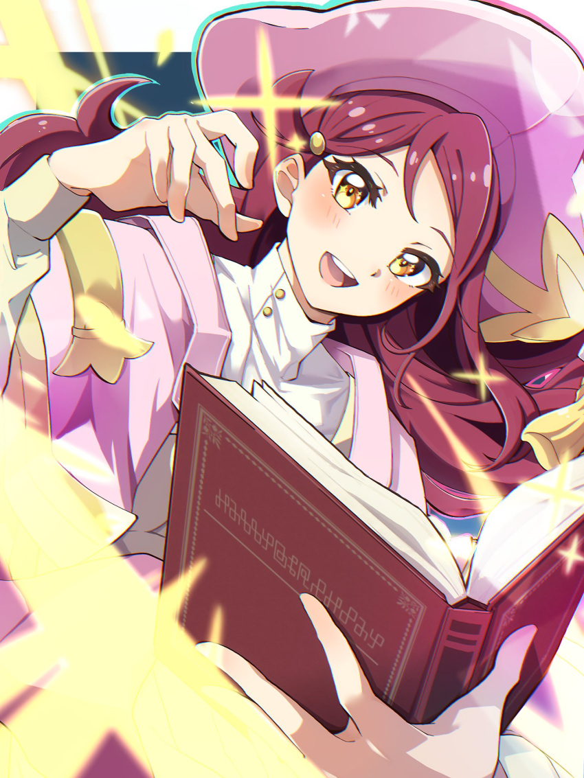 1girl akira_hjk blush book coat genjitsu_no_yohane happy_birthday hat highres holding holding_book long_hair long_sleeves looking_at_viewer love_live! love_live!_sunshine!! open_mouth pink_coat pink_headwear red_hair sakurauchi_riko sparkle teeth upper_teeth_only yellow_eyes