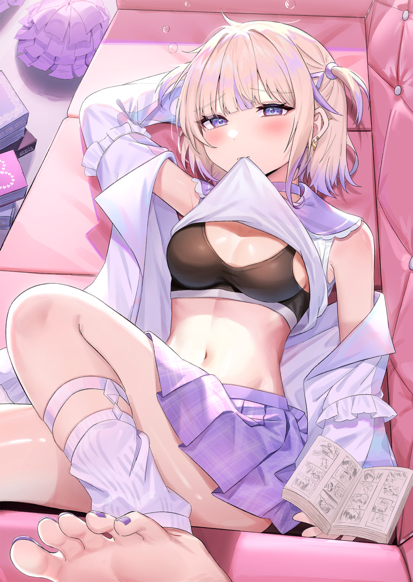 1girl barefoot black_sports_bra blonde_hair blush breasts bu_leike choker cleavage clothes_lift collarbone commentary_request couch crop_top earrings feet foot_out_of_frame highres hololive hololive_dev_is jacket jewelry lying manga_(object) medium_breasts midriff miniskirt mouth_hold multicolored_hair multiple_earrings nail_polish navel off_shoulder on_back pom_pom_(cheerleading) purple_eyes purple_hair purple_nails sailor_collar school_uniform serafuku shirt shirt_lift short_hair skirt soles solo sports_bra streaked_hair todoroki_hajime toenail_polish toenails toes two_side_up virtual_youtuber white_choker white_shirt