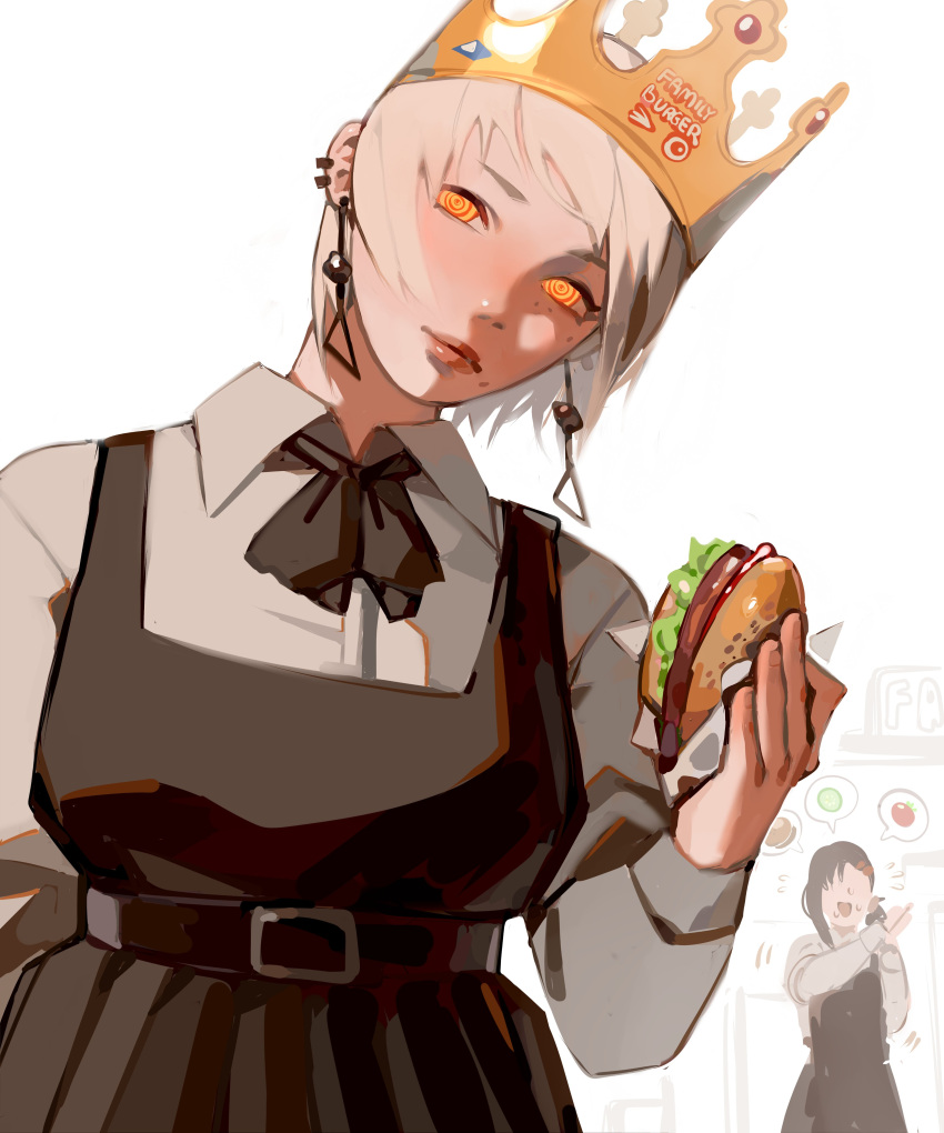 2girls absurdres apron black_apron black_hair burger burger_king chainsaw_man dress ear_piercing earrings fami_(chainsaw_man) family_burger_(chainsaw_man) food fourth_east_high_school_uniform grey_hair hat head_tilt higashiyama_kobeni highres jetblue_racist_burger_king_(meme) jewelry looking_at_viewer maggoo meme military_hat mole mole_under_eye mole_under_mouth multiple_girls multiple_moles piercing pinafore_dress ringed_eyes school_uniform short_hair simple_background tassel tassel_earrings white_background yellow_eyes