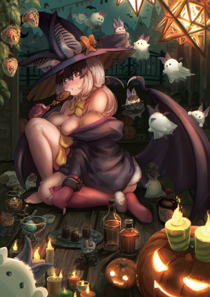 1girl absurdres animal_ears bare_shoulders bat_ears bat_girl bat_wings brown_eyes brown_hair brown_long-eared_bat_(kemono_friends) candy cloak extra_ears food grey_hair halloween halloween_costume hat highres kemono_friends kemono_friends_v_project leotard long_hair looking_at_viewer microphone night okyao pantyhose poporu_(kemono_friends) pumpkin ribbon sweets virtual_youtuber wings witch_hat