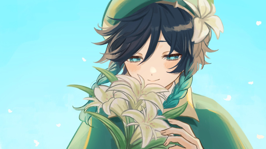 1boy 39_iduki androgynous aqua_hair beret black_hair blue_eyes braid cape closed_mouth flower genshin_impact gradient_hair green_cape green_headwear hair_between_eyes half-closed_eyes hat hat_flower highres male_focus multicolored_hair petals solo twin_braids upper_body venti_(genshin_impact) white_flower