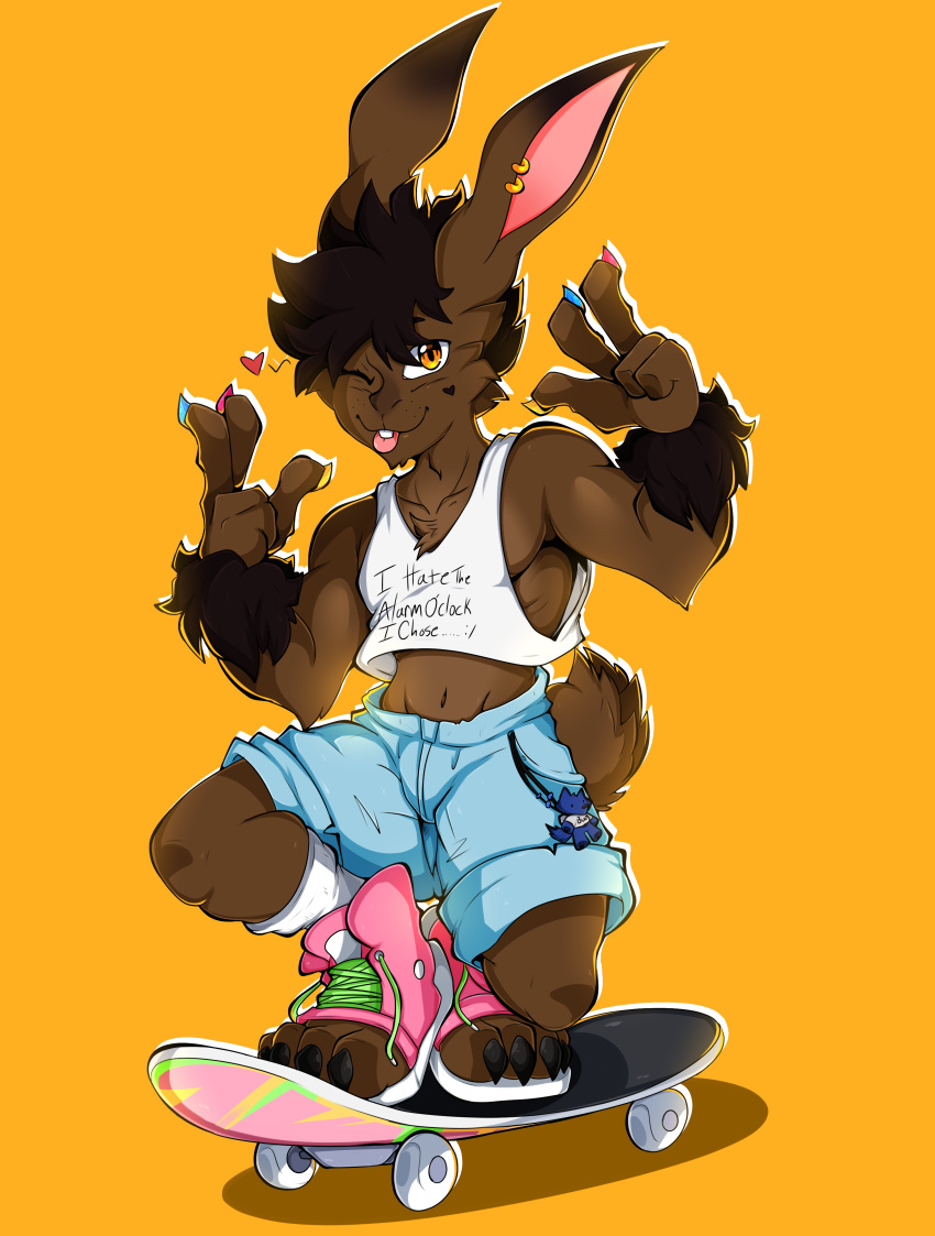 absurd_res anthro cel_shading choco_bunbun colored_nails hi_res lagomorph leporid looking_at_viewer male mammal nails one_eye_closed rabbit shaded simple_background skateboard solo wink