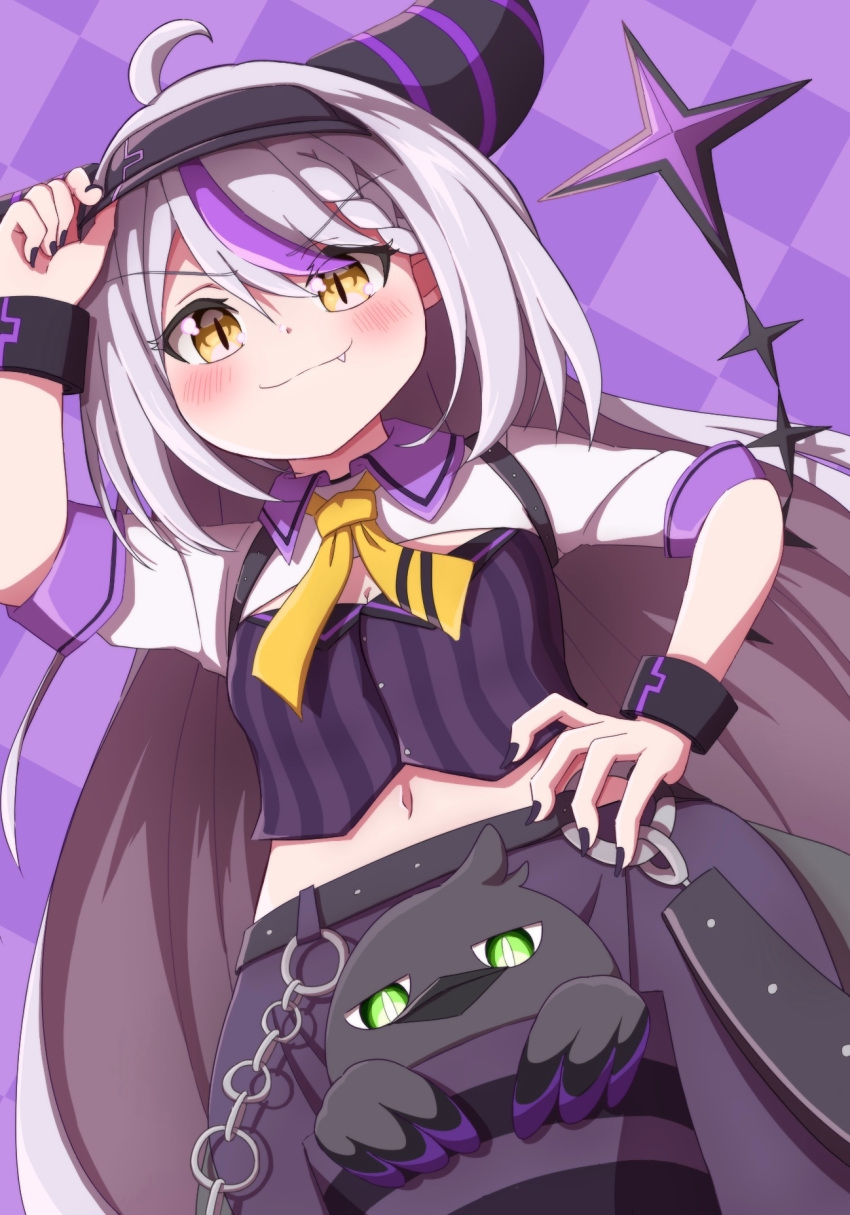 1girl alternate_costume ascot black_horns black_nails braid braided_bangs chain cleavage_cutout clothing_cutout crow_(la+_darknesss) fang fang_out grey_hair highres hololive horns la+_darknesss long_hair moromoro_(mromro1129) multicolored_hair navel pointy_ears purple_hair streaked_hair striped_horns virtual_youtuber wrist_cuffs