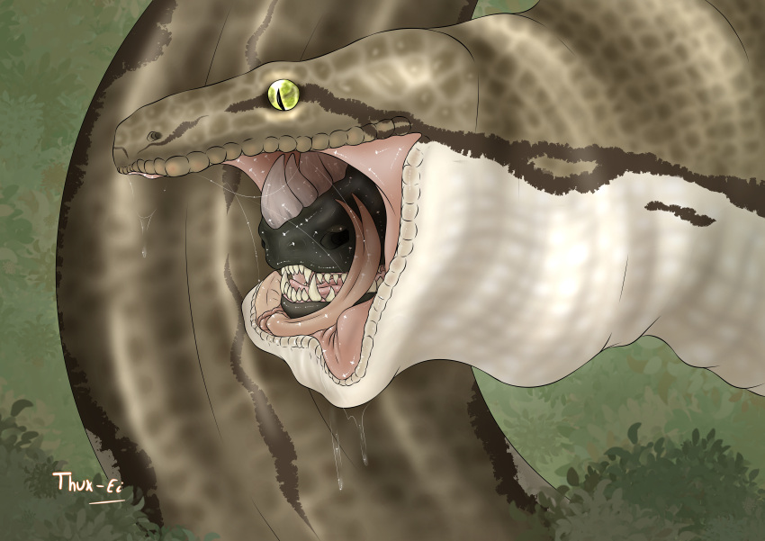 absurd_res bodily_fluids dragon drooling drooling_tongue duo feral food_chain forced forest green_body green_eyes green_scales hi_res jungle kylan licking male male/male nature nature_background plant python reptile reticulated_python saliva saliva_on_tongue scales scalie snake swallowing thux-ei tongue tongue_out tree unwilling_prey unwilling_vore vore