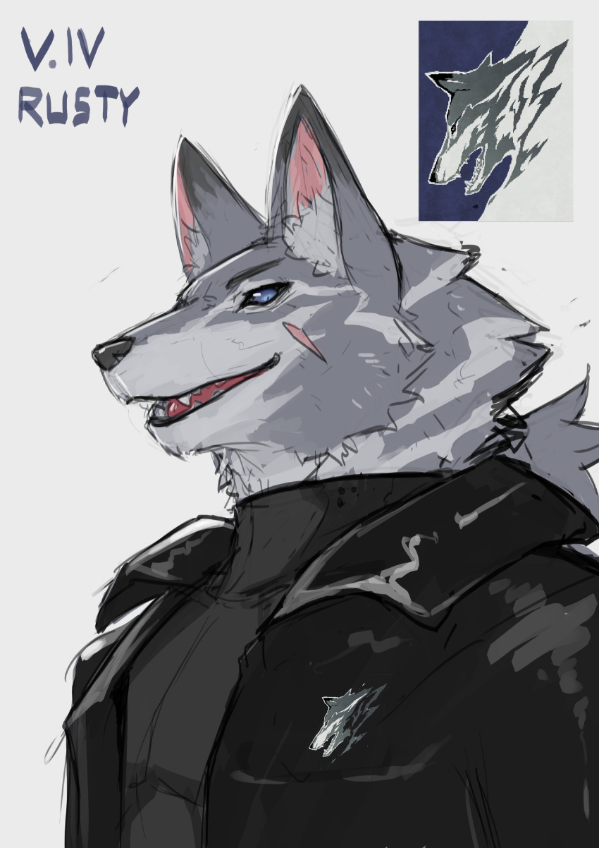 2023 absurd_res agitype01 anthro armored_core_(series) canid canine canis clothing digital_drawing_(artwork) digital_media_(artwork) fur hi_res jacket male mammal portrait rusty_(armored_core) scar simple_background sketch teeth topwear wolf