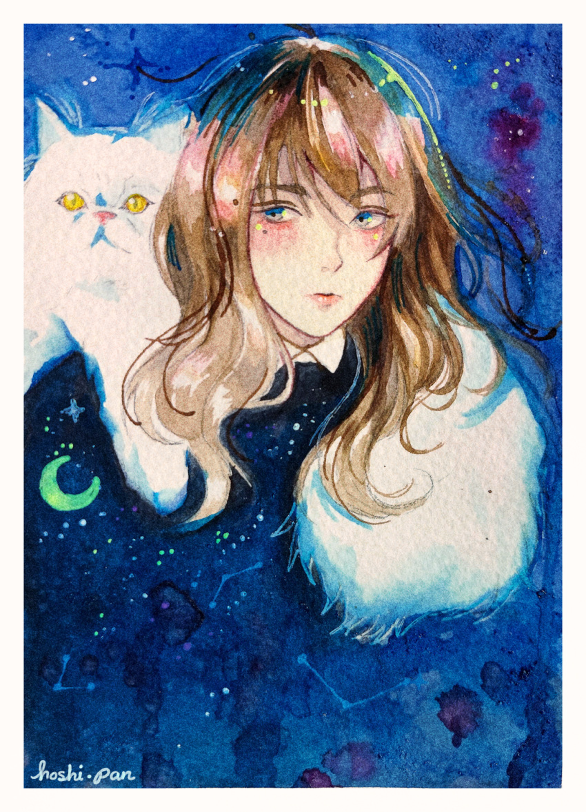 1girl animal_ears animal_on_shoulder artist_name blue_eyes blue_sweater border brown_hair cat cat_ears cat_on_shoulder cat_tail collared_shirt colored_sclera commentary constellation_print crescent_print english_commentary expressionless eyelashes highres hoshi-pan light_blush long_hair long_sleeves looking_to_the_side original painting_(medium) parted_lips pink_lips shirt slit_pupils solo space star_(sky) starry_sky_print sweater tail thick_eyebrows traditional_media upper_body watercolor_(medium) white_border white_cat white_shirt yellow_sclera