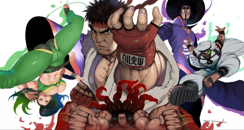 1girl 4boys black_eyes black_hair capcom f.a.n.g fingerless_gloves gloves hachimaki headband highres laura_matsuda long_hair looking_at_viewer multiple_boys muscular muscular_female muscular_male necalli official_art rashid_(street_fighter) ryu_(street_fighter) short_hair simple_background sleeveless street_fighter street_fighter_v sunglasses yoshizaki_mine