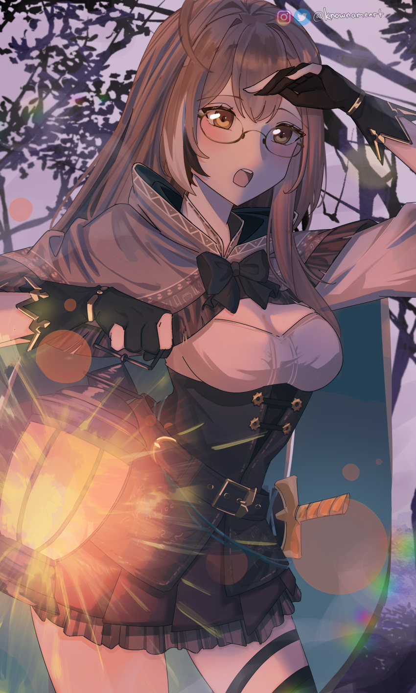 1girl absurdres ahoge arm_up asymmetrical_legwear belt bespectacled brown_capelet brown_cloak brown_corset brown_eyes brown_hair cape capelet cloak corset crossed_bangs dagger glasses gloves highres holding holding_lantern hololive hololive_english knife knownameart lantern light long_hair looking_at_viewer miniskirt multicolored_hair nanashi_mumei nanashi_mumei_(1st_costume) official_alternate_hairstyle open_mouth partially_fingerless_gloves pleated_skirt pouch red_skirt ribbon round_eyewear shirt single_thighhigh skirt streaked_hair teeth thighhighs tree upper_teeth_only very_long_hair virtual_youtuber weapon white_shirt