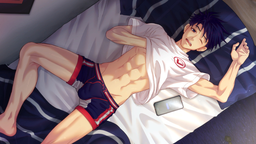 1boy abs ace_anderson bedroom blue_hair boxers bulge clothes_lift collaboration dark_blue_hair feet_out_of_frame floor from_above highres indoors jock_studio_(blits_games) looking_at_viewer male_focus male_underwear mikkoukun navel non-web_source official_art on_bed one_eye_closed open_mouth phone shirt shirt_lift short_hair solo teeth underwear upper_teeth_only variant_set wall white_shirt zamius