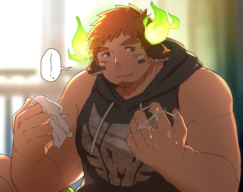 1boy :q after_masturbation animal_ears backlighting bara bare_arms black_hoodie blush cow_boy cow_ears cow_horns cum cum_on_hands facial_hair fiery_horns forked_eyebrows glowing_horns goatee haishiba_ame highres holding_tissue hood hood_down hoodie horns indoors knee_up large_pectorals looking_at_hand male_focus muscular muscular_male out-of-frame_censoring pectorals short_hair sideburns_stubble sleeveless sleeveless_hoodie solo spiked_hair sunlight thick_eyebrows tissue tokyo_afterschool_summoners tongue tongue_out upper_body wakan_tanka