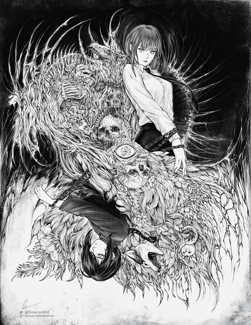 2girls absurdres braid breasts chain chainsaw_man closed_eyes commentary dog english_commentary greyscale highres instagram_username makima_(chainsaw_man) marvin_(omarvin) medium_breasts monochrome multiple_girls nayuta_(chainsaw_man) necktie ribs ringed_eyes rotational_symmetry signature single_braid skeleton skull twitter_username