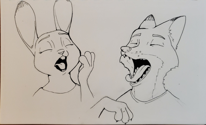 absurd_res anthro canid canine disney duo eyes_closed female fox headshot_portrait hi_res judy_hopps lagomorph leporid male mammal nick_wilde open_mouth portrait rabbit simple_background sketch teeth tggeko tongue white_background yawn zootopia