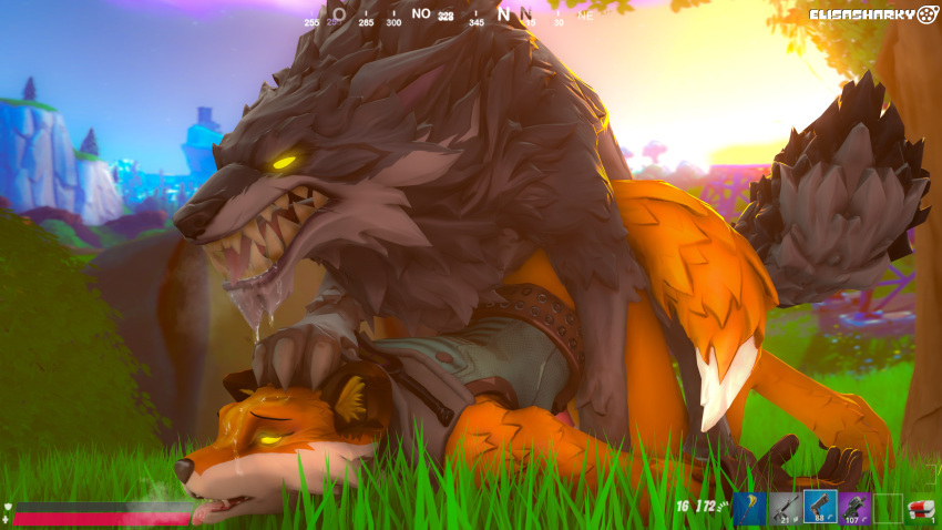 3d_(artwork) absurd_res anal anal_penetration anthro anthro_on_feral bestiality bodily_fluids breath breath_cloud canid canine canis digital_media_(artwork) doggystyle drooling drooling_on_partner duo elisasharky_(artist) epic_games fennix_(fortnite) feral feral_dominating_anthro fortnite fox from_behind_position gameplay_mechanics glowing glowing_eyes gui health_bar hi_res hud male male/male mammal open_mouth outdoor_sex paw_on_head penetration pinned questionable_consent saliva sex source_filmmaker tail teeth tongue wolf yellow_eyes