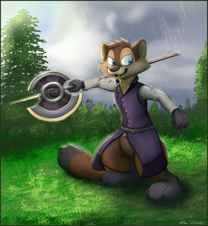 absurd_res anthro axe battle_axe fantasy gulonine halberd hi_res kiefer male mammal marten medieval medieval_clothing melee_weapon mustelid musteline pine_marten polearm solo spring weapon zenfetcher