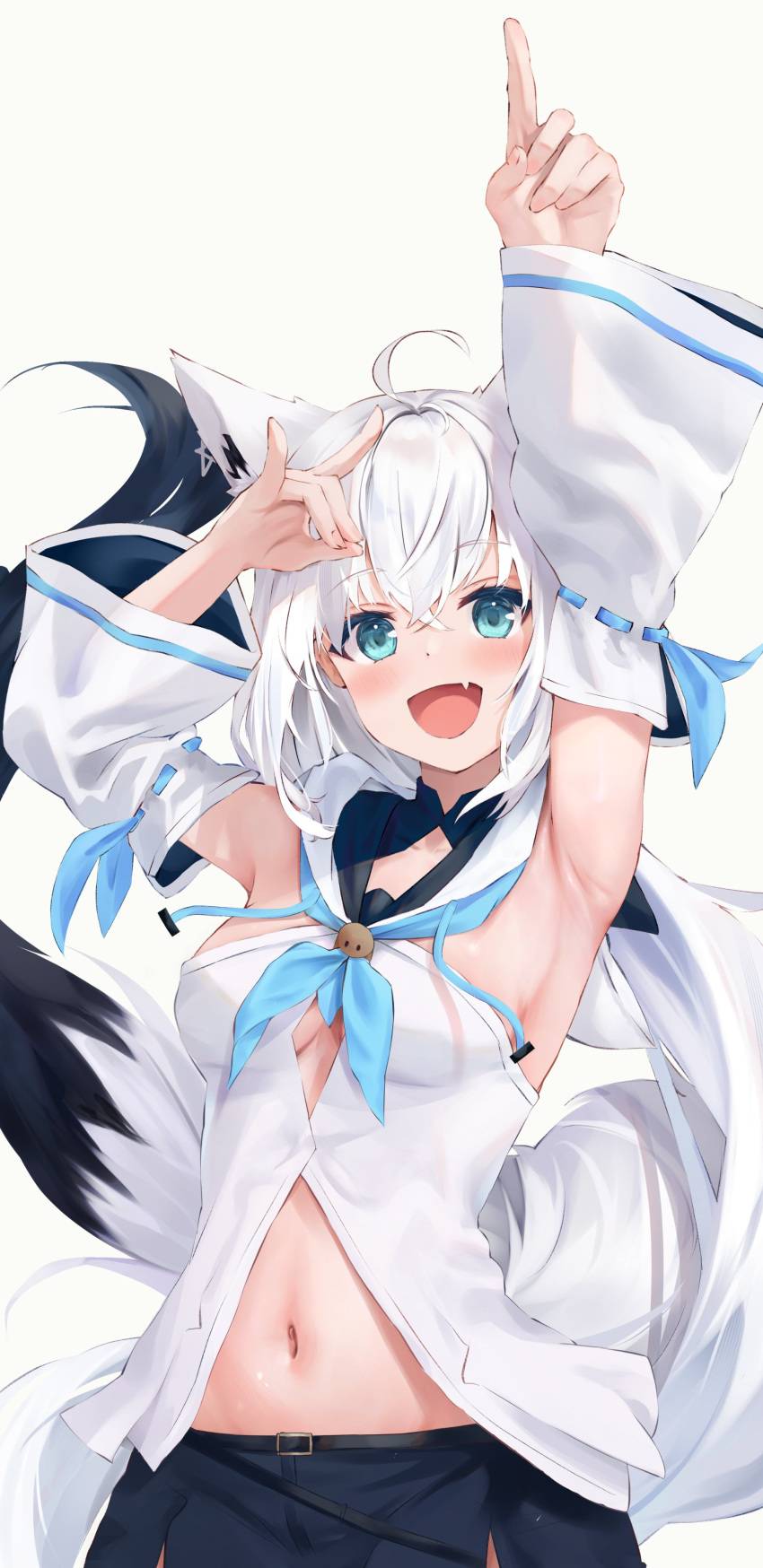 1girl absurdres ahoge animal_ears arm_ups armpits blue_eyes commentary_request detached_sleeves fang fox_ears fox_shadow_puppet fox_tail highres hololive looking_at_viewer midriff navel open_mouth outstretched_arm pointing pointing_up ribbon-trimmed_sleeves ribbon_trim shirakami_fubuki shirakami_fubuki_(1st_costume) simple_background skin_fang smile solo tail uechin_ewokaku upper_body virtual_youtuber white_background white_hair