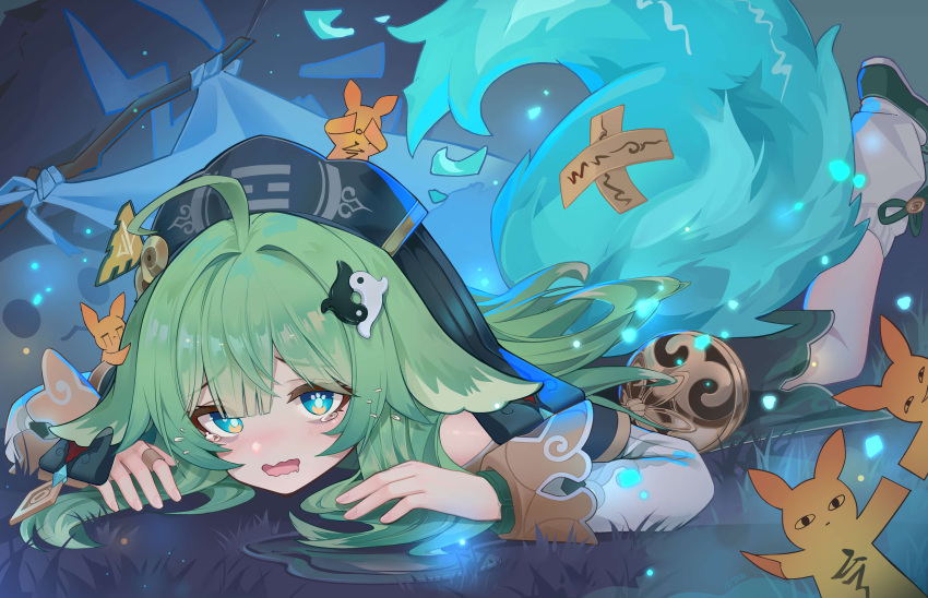 1girl absurdres ahoge ai_dongdong animal_ears black_headwear blue_eyes clothing_cutout commentary_request crying crying_with_eyes_open fiery_tail flag floppy_ears fox_ears full_body green_footwear green_hair highres honkai:_star_rail honkai_(series) huohuo_(honkai:_star_rail) long_hair long_sleeves looking_at_viewer lying on_ground on_stomach open_mouth paper_doll paw-shaped_pupils shirt shoes shoulder_cutout solo tail tears wavy_mouth white_flag white_leg_warmers white_shirt yin_yang_hair_ornament