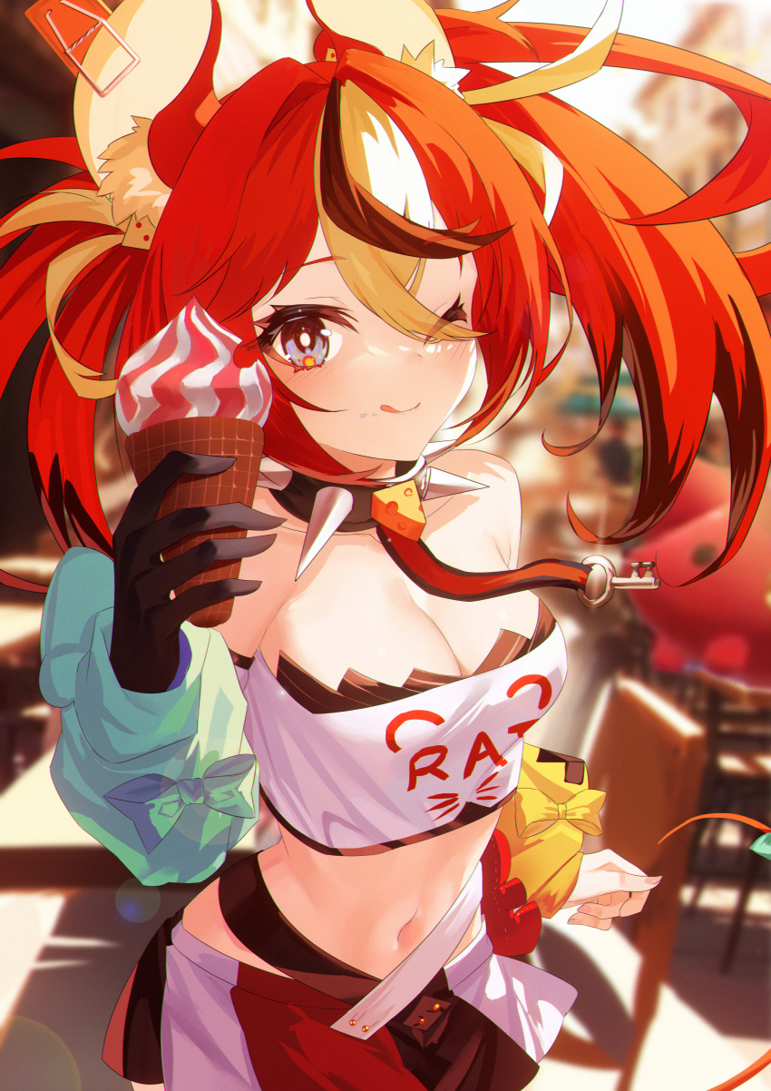 1girl absurdres animal_ears black_collar black_hair blue_eyes blurry blurry_background breasts cheese cleavage collar crop_top detached_sleeves food food_on_face hakos_baelz highres hololive hololive_english ice_cream_cone jiang_ye_kiri key large_breasts licking_lips looking_at_viewer midriff mouse_ears mouse_girl mouse_tail mousetrap multicolored_hair navel one_eye_closed outdoors red_hair solo spiked_collar spikes stomach streaked_hair tail tongue tongue_out twintails virtual_youtuber white_hair