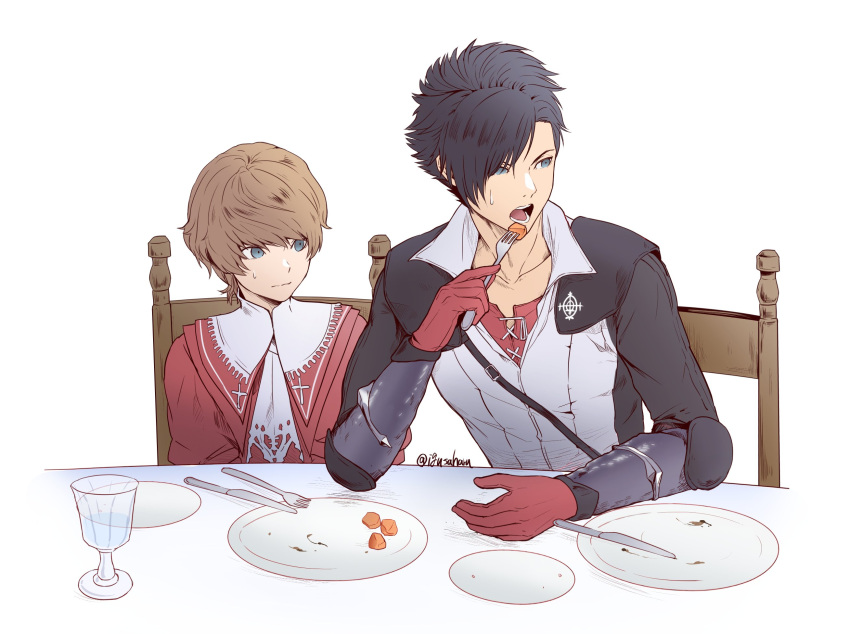 2boys armor black_hair blue_eyes brothers brown_hair carrot child clive_rosfield closed_mouth coat cup drinking_glass eating elbow_pads final_fantasy final_fantasy_xvi fork gloves hair_over_one_eye highres igusaharu joshua_rosfield knife looking_to_the_side male_focus multiple_boys open_mouth plate popped_collar red_coat red_gloves red_shirt shirt short_hair shoulder_armor siblings sitting sweatdrop twitter_username vest white_background white_vest