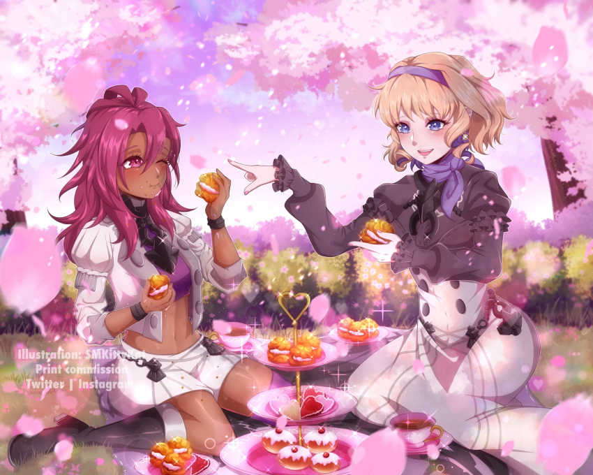 2girls black_footwear blonde_hair blue_eyes blue_hairband boots cherry_blossoms commentary constance_von_nuvelle crop_top cup dark_skin fire_emblem fire_emblem:_three_houses food grey_shirt hair_between_eyes hairband hand_up hapi_(fire_emblem) high-waist_skirt high_heel_boots high_heels highres holding holding_food jacket juliet_sleeves long_hair long_sleeves midriff miniskirt multiple_girls navel pastry petals puffy_sleeves purple_eyes purple_hair purple_shirt shirt short_hair sitting skirt smkittykat stomach teacup wariza white_jacket white_skirt