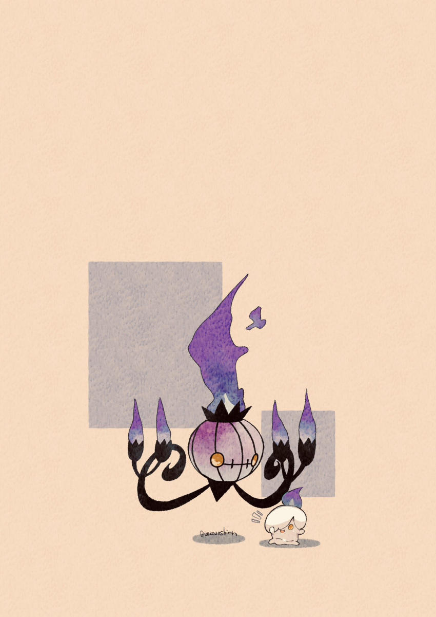 animal_focus artist_name candle chandelure commentary_request fire floating highres litwick no_humans open_mouth pokemon pokemon_(creature) purple_fire shadow simple_background smile twitter_username white_background yellow_eyes zozozoshion