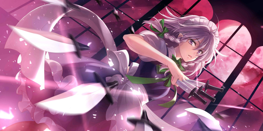 1girl apron back_bow bow bowtie braid cowboy_shot dress dutch_angle full_moon green_bow green_bowtie grey_dress grey_eyes grey_hair hagiwara_rin hair_between_eyes hair_bow hand_up highres holding holding_knife indoors izayoi_sakuya knife looking_at_viewer maid_headdress moon non-web_source official_art parted_lips puffy_short_sleeves puffy_sleeves red_moon second-party_source shirt short_sleeves solo touhou touhou_lost_word twin_braids waist_apron white_apron white_bow white_shirt window