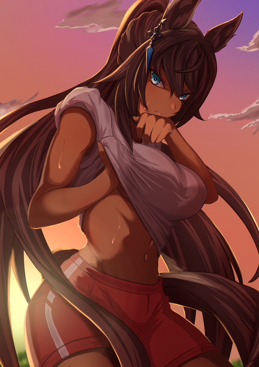 1girl abs absurdres animal_ears black_hair blue_eyes breasts clothes_lift cloud cloudy_sky commentary_request cowboy_shot dark-skinned_female dark_skin earrings eve_on_k highres horse_ears horse_girl horse_tail jewelry large_breasts lifted_by_self long_hair looking_at_viewer navel outdoors ponytail red_shorts shirt shirt_lift shorts single_earring sky sleeves_rolled_up solo sunset sweat symboli_kris_s_(umamusume) tail umamusume very_long_hair white_shirt