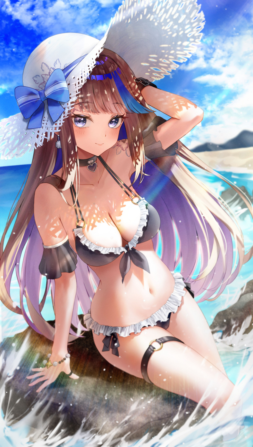 1girl 29hyeon absurdres airi_kanna arm_belt arm_support arm_up bikini black_choker blue_eyes blue_hair blue_sky blush bow bracelet breasts brown_hair choker cleavage cloud collarbone commentary day eyelashes frilled_bikini frills front-tie_bikini_top front-tie_top hat hat_bow highres jewelry large_breasts long_hair looking_at_viewer multicolored_hair o-ring o-ring_thigh_strap ocean outdoors shoulder_tattoo sky smile solo stellive sun_hat sunlight swimsuit tattoo thigh_strap virtual_youtuber wading white_headwear
