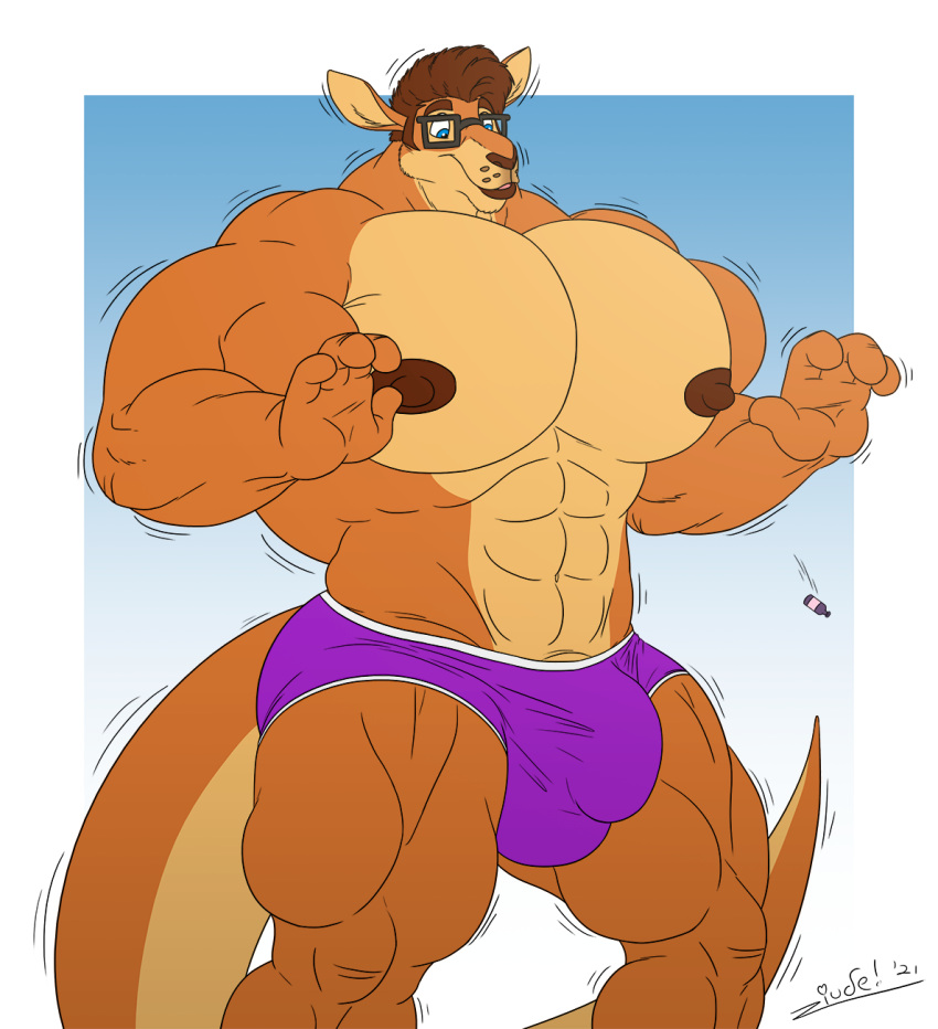 2021 abs anthro biceps big_abs big_bulge big_pecs biped body_size_growth bottle brown_body brown_fur brown_hair bulge clothed clothing container dangaroo digital_media_(artwork) drinking_potion english_text eyewear fur glasses growth hair hi_res huge_biceps huge_pecs huge_thighs juano kangaroo macropod male mammal marsupial muscle_growth muscular muscular_anthro muscular_male muscular_thighs nipples partially_clothed pecs portrait potion purple_clothing purple_underwear simple_background size_transformation solo standing tail text thick_thighs topless transformation underwear underwear_only