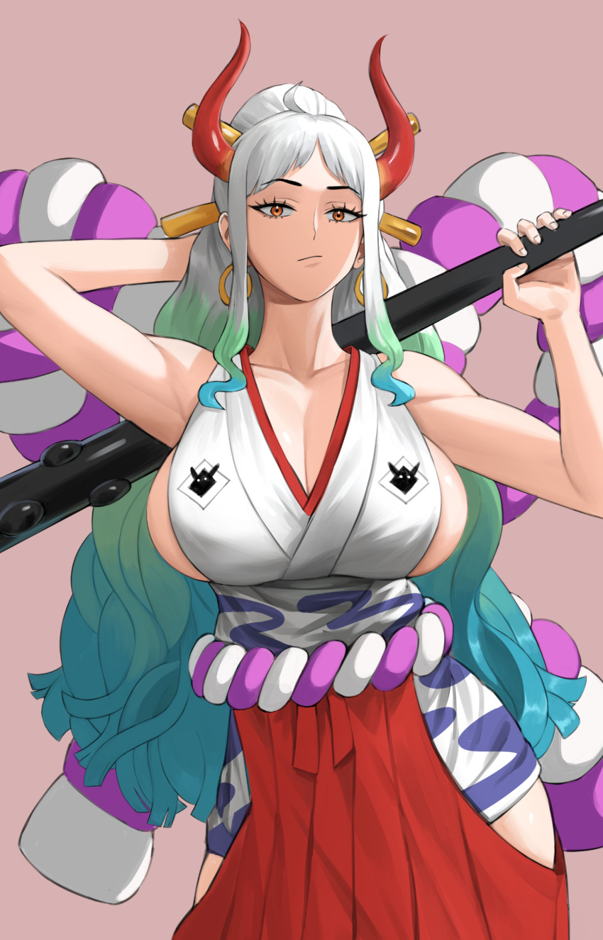 1girl arm_behind_head armpits blue_hair breasts club_(weapon) contrapposto curled_horns earrings gradient_hair green_hair hair_ornament hair_stick hakama hakama_pants highres hip_vent hoop_earrings horns japanese_clothes jewelry kanabou kimono long_hair looking_at_viewer multicolored_hair multicolored_horns one_piece oni orange_horns pants parted_bangs pink_background ponytail red_horns rope shimenawa shou_illust sideboob simple_background sleeveless sleeveless_kimono solo spiked_club very_long_hair weapon white_hair yamato_(one_piece)