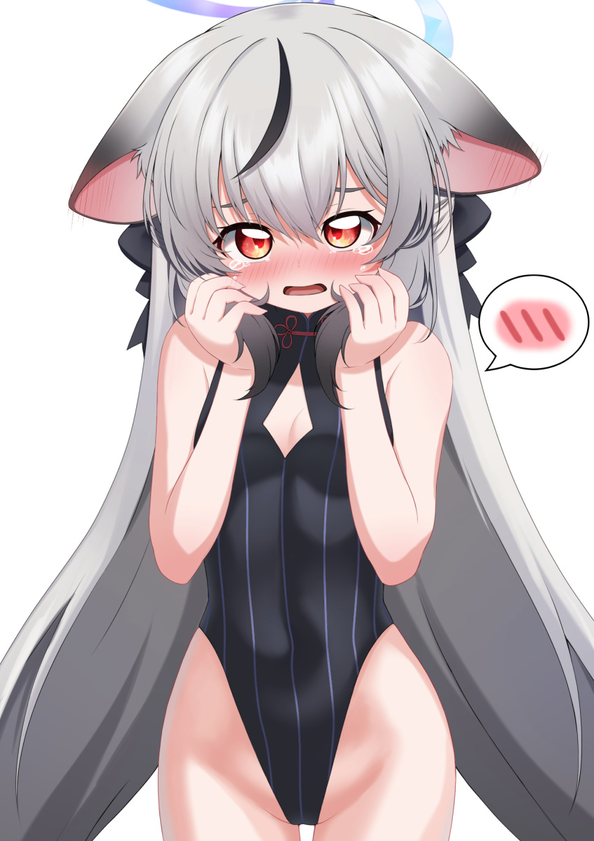 1girl :o animal_ear_fluff animal_ears black_leotard blue_archive bow breasts cleavage cleavage_cutout clothing_cutout commentary_request gradient_hair grey_hair hair_between_eyes hair_bow hair_ribbon highleg highleg_leotard highres kido_airaku kokona_(blue_archive) leotard long_hair looking_at_viewer low_twintails multicolored_hair red_eyes ribbon sidelocks simple_background sleeveless solo spoken_blush streaked_hair tiger_ears tiger_girl twintails two-tone_hair