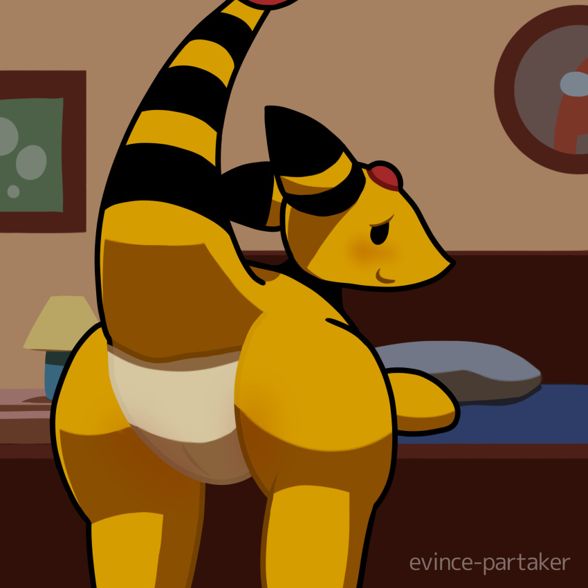 among_us ampharos bed bedroom big_butt blush bubble butt chubby_female evince-partaker female feral furniture generation_2_pokemon genitals hi_res innersloth lamp looking_at_viewer looking_back markings nightstand nintendo picture_frame pillow pokemon pokemon_(species) presenting pussy raised_tail slightly_chubby smile striped_markings striped_tail stripes tail tail_markings thick_thighs