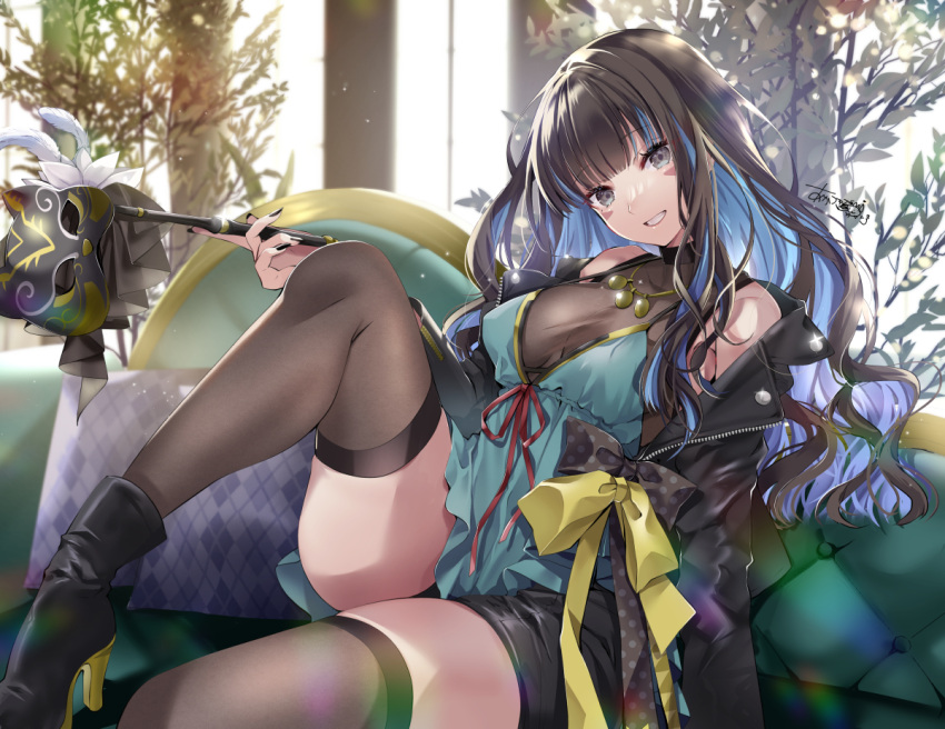 1girl akatsuki_hijiri bare_shoulders black_hair black_jacket black_nails black_thighhighs blue_hair breasts commentary_request couch facial_mark fate/grand_order fate_(series) grey_eyes holding jacket large_breasts looking_at_viewer multicolored_hair nail_polish off_shoulder parted_lips partial_commentary sitting smile solo streaked_hair teeth tenochtitlan_(fate) thighhighs thighs