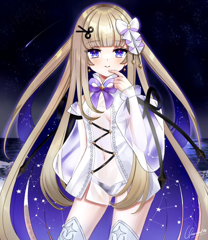 1girl amanogawa_shiina black_panties blonde_hair bow bowtie breasts constellation_print earrings grey_thighhighs hair_bow highres jewelry long_hair navel ocean panties phase_connect purple_bow purple_bowtie purple_eyes runiie scissors_hair_ornament see-through see-through_sleeves shooting_star signature sky small_breasts solo star_(sky) starry_sky thighhighs underwear very_long_hair virtual_youtuber water white_bow