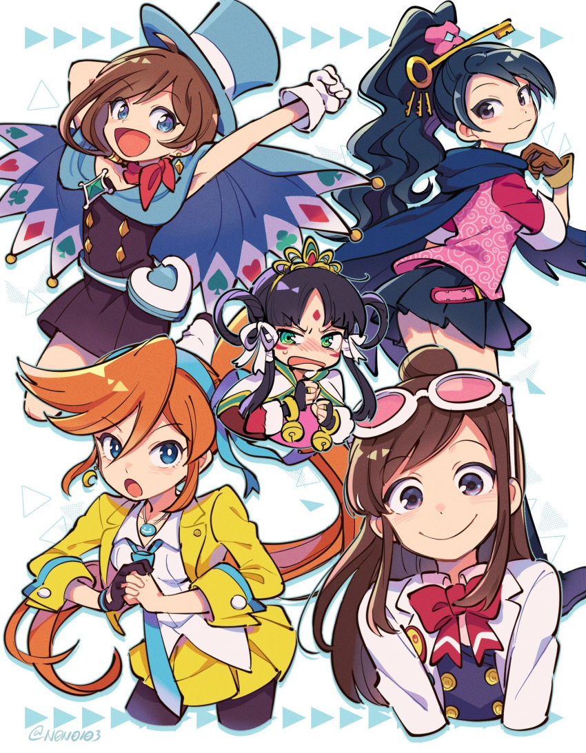 5girls :3 :d :o ace_attorney annoyed arm_behind_head arm_up athena_cykes badge bell belt_pouch black_cape black_dress black_gloves black_hair black_pantyhose black_scarf black_skirt blue_cape blue_eyes blue_hairband blue_headwear blue_necktie blue_ribbon blue_vest blush bow bowtie bracelet bridal_gauntlets brown_gloves brown_hair button_badge buttons cape closed_mouth club_(shape) collared_shirt cowboy_shot cracking_knuckles crescent crescent_earrings cropped_arms cropped_jacket cropped_legs cropped_torso crown diamond_(shape) dress earrings ema_skye facial_mark forehead_mark from_behind gloves green_eyes hair_between_eyes hair_bun hair_ribbon hair_rings hairband hands_up hat heart high_ponytail highres jacket jewelry jingle_bell karakusa_(pattern) kay_faraday key_hair_ornament lapel_pin lapels long_hair looking_at_viewer medium_hair miniskirt multiple_girls necklace necktie nono_(norabi) open_mouth orange_hair pantyhose parted_bangs partially_fingerless_gloves pink-tinted_eyewear pink_shirt pleated_skirt pouch purple_eyes rayfa_padma_khura'in red_bow red_bowtie red_scarf ribbon scarf shirt short_dress side_ponytail sidelocks single_glove skirt skirt_suit sleeve_cuffs sleeves_past_elbows smile spade_(shape) strapless strapless_dress suit swept_bangs tinted_eyewear top_hat trucy_wright untucked_shirt v-shaped_eyebrows very_long_hair vest wavy_hair white-framed_eyewear white_cape white_gloves white_jacket white_ribbon white_shirt yellow_jacket yellow_skirt