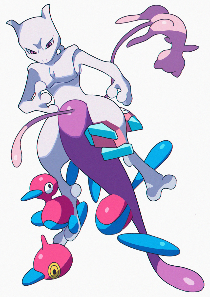 absurdres black_eyes bright_pupils commentary furrowed_brow highres horns looking_down looking_up mew_(pokemon) mewtwo pokemon pokemon_(creature) porygon porygon-z porygon2 purple_eyes saiku_(zvlku) simple_background toes white_background