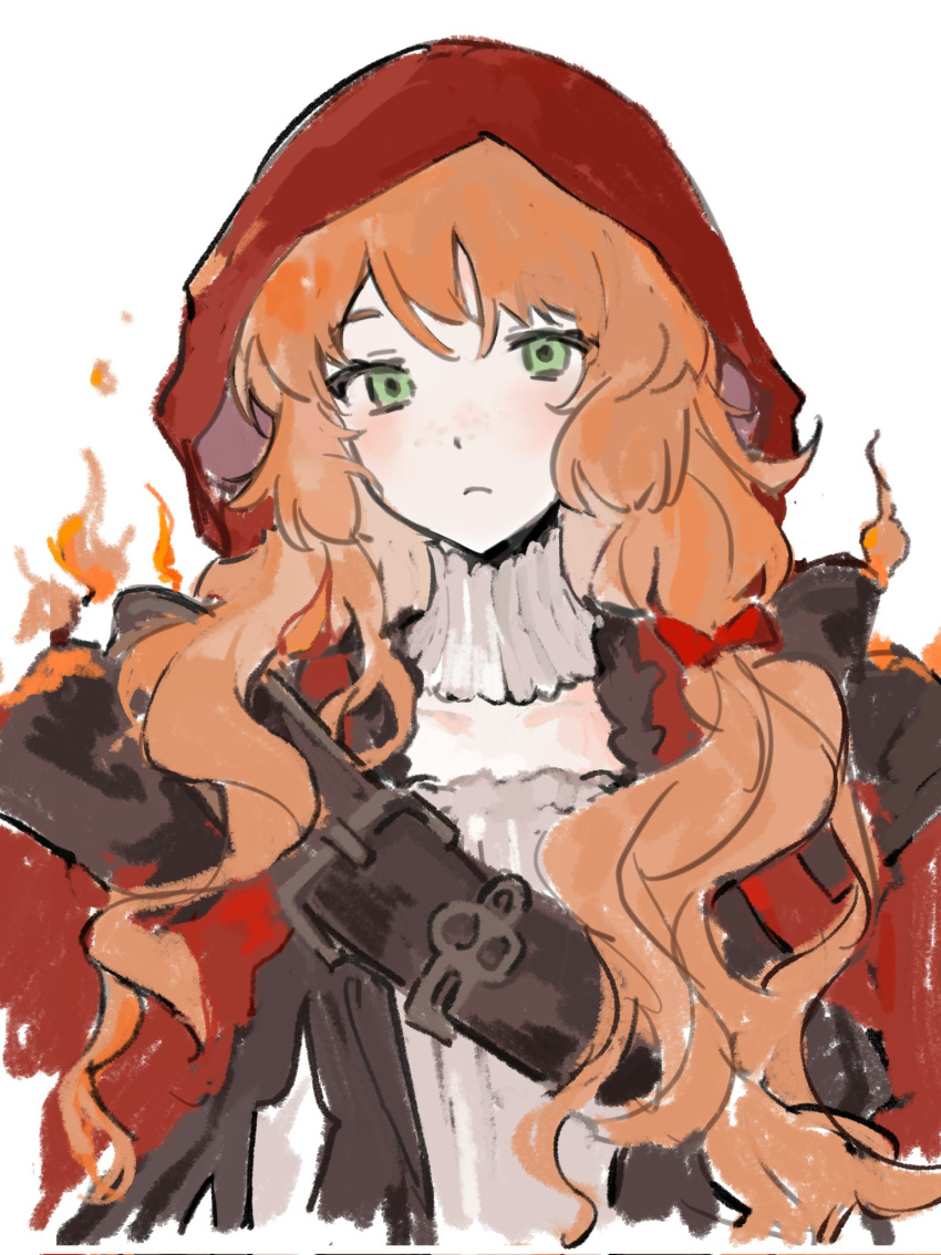 1girl bow cape closed_mouth cosplay erzheawa fire frown green_eyes hair_bow highres hood hood_up ishmael_(limbus_company) limbus_company long_hair looking_at_viewer orange_hair project_moon red_bow red_cape red_hood red_riding_hood_(sinoalice) red_riding_hood_(sinoalice)_(cosplay) simple_background sinoalice solo upper_body very_long_hair wavy_hair white_background