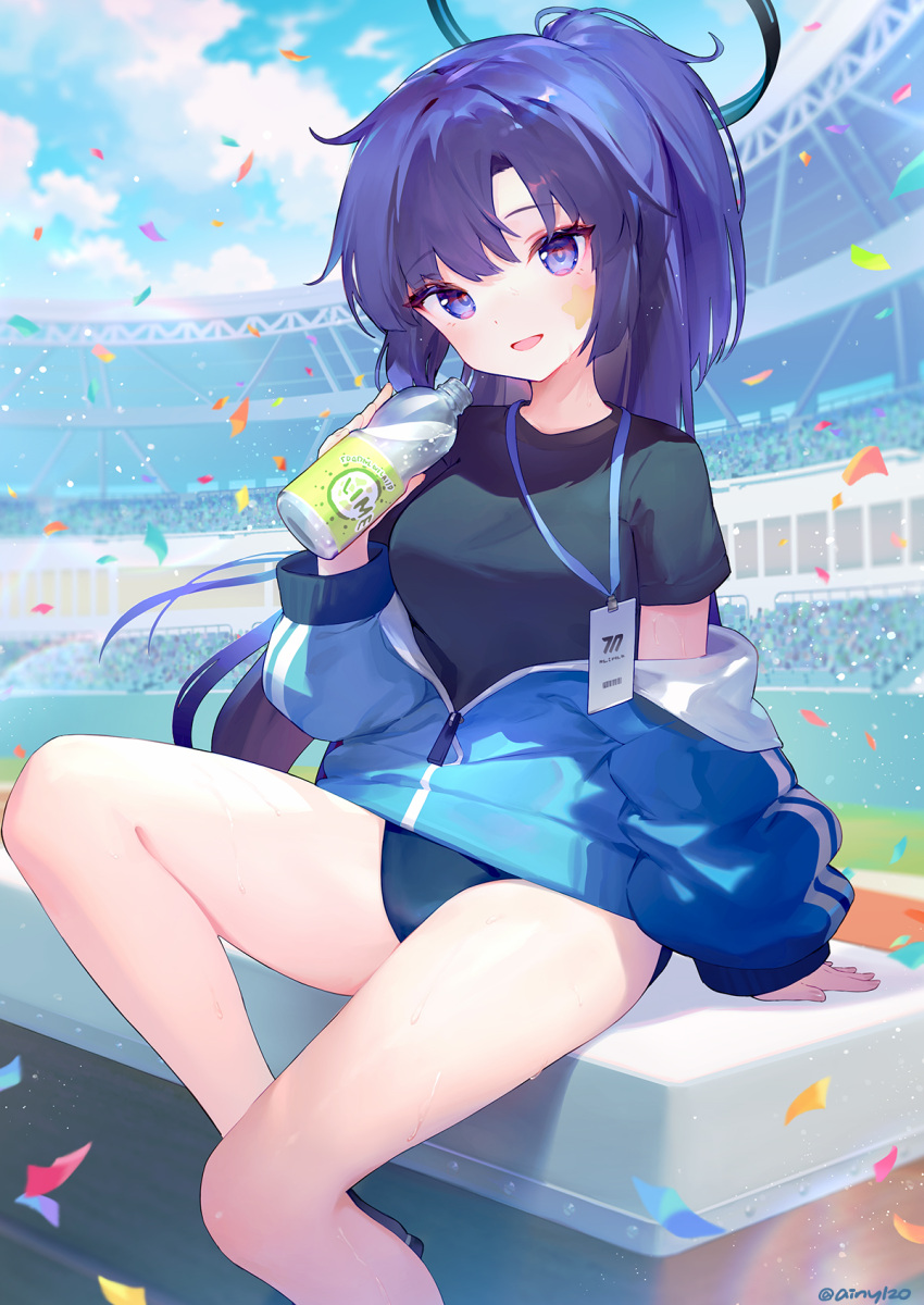 1girl ainy blue_archive blue_jacket bottle breasts buruma cloud confetti day hair_between_eyes halo highres holding holding_bottle id_card jacket long_hair looking_at_viewer medium_breasts official_alternate_costume open_mouth outdoors partially_unzipped ponytail purple_eyes purple_hair shirt sitting sky solo stadium star_(symbol) star_sticker sticker_on_face thighs twitter_username yuuka_(blue_archive) yuuka_(track)_(blue_archive)