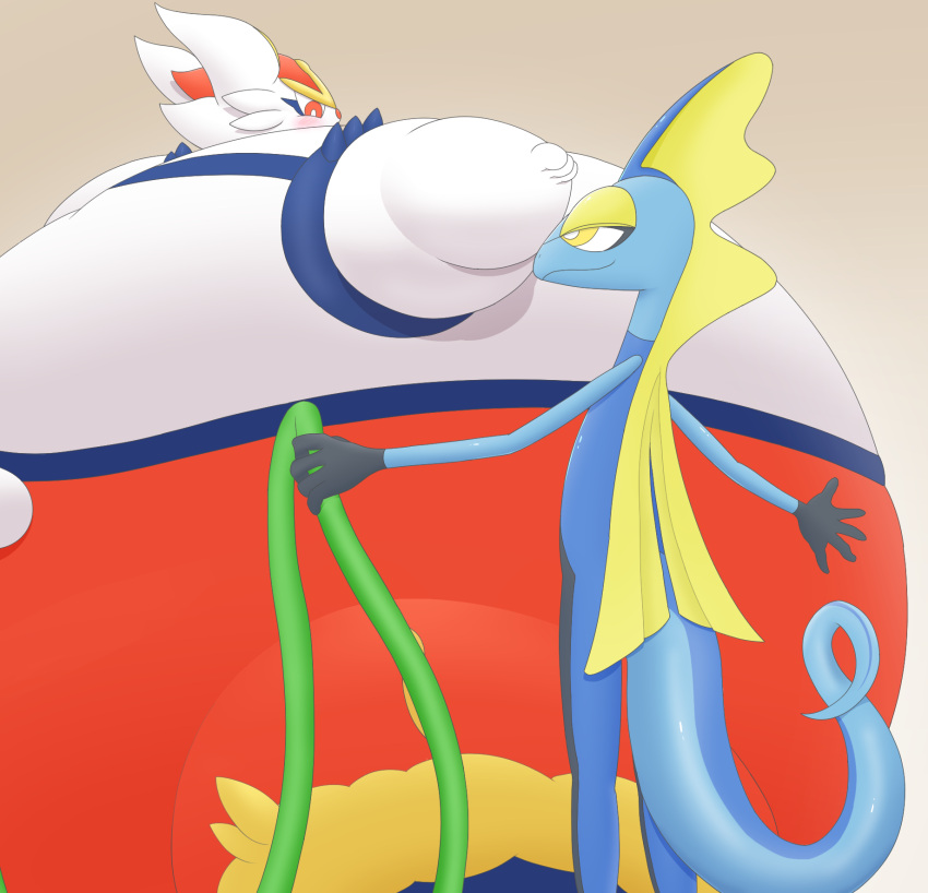 2023 ambiguous_gender blue_body blue_tail blush body_inflation cheek_bulge chubby_cheeks cinderace colored digital_media_(artwork) duo generation_8_pokemon green_hose grey_background hand_on_another's_belly hgh-pine hi_res holding_hose hose hose_in_butt hose_inflation hyper_inflation immobile inflation inflation_fetish inteleon liquid_inflation looking_down looking_down_at_another looking_up looking_up_at_another nintendo pokemon pokemon_(species) red_body red_eyes red_nose round_body scut_tail shaded short_tail side_view simple_background smile spherical_inflation swelling tail water_inflation white_ears white_tail yellow_eyes