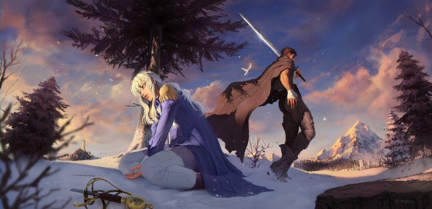 2boys absurdres bandaged_hand bandages berserk bird black_hair broken broken_sword broken_weapon brown_cloak cloak commentary english_commentary flying griffith_(berserk) guts_(berserk) highres holding holding_sword holding_weapon kneeling long_hair maassi_(maa2sii) male_focus multiple_boys over_shoulder pine_tree scenery short_hair snow spiked_hair standing sword sword_over_shoulder tree tree_stump walking_away weapon weapon_over_shoulder white_hair