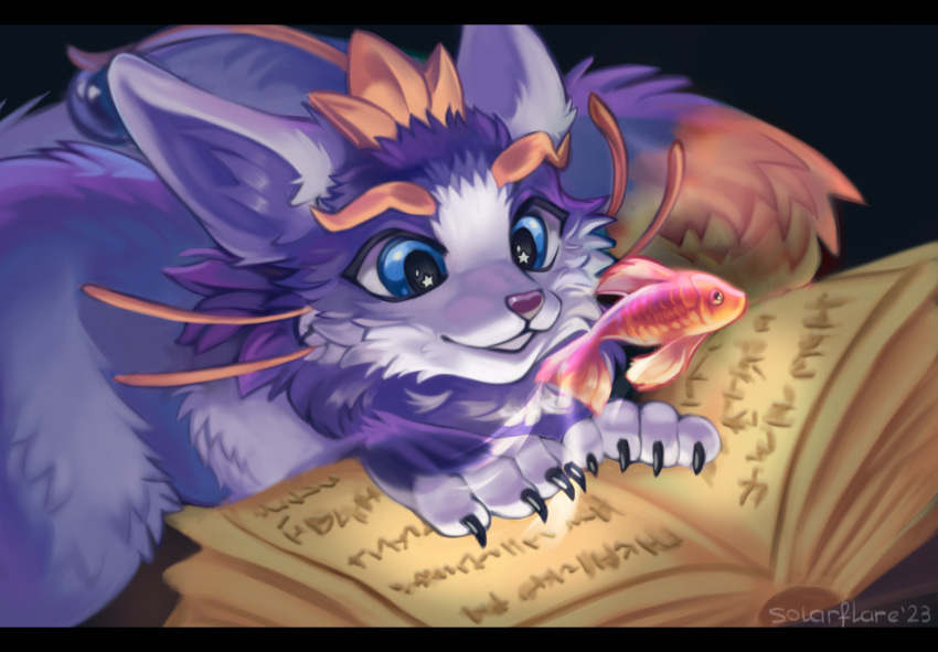 2023 black_claws blue_eyes book cheek_tuft claws dated digital_media_(artwork) domestic_cat ears_back ears_down facial_tuft felid feline felis female feral fish fluffy fur hi_res inner_ear_fluff league_of_legends looking_at_object mammal marine neck_tuft open_mouth pivoted_ears purple_body purple_fur purple_nose riot_games runes shaded signature simple_background solarflare_(artist) solo star_in_pupils tail teeth tuft yuumi_(lol)